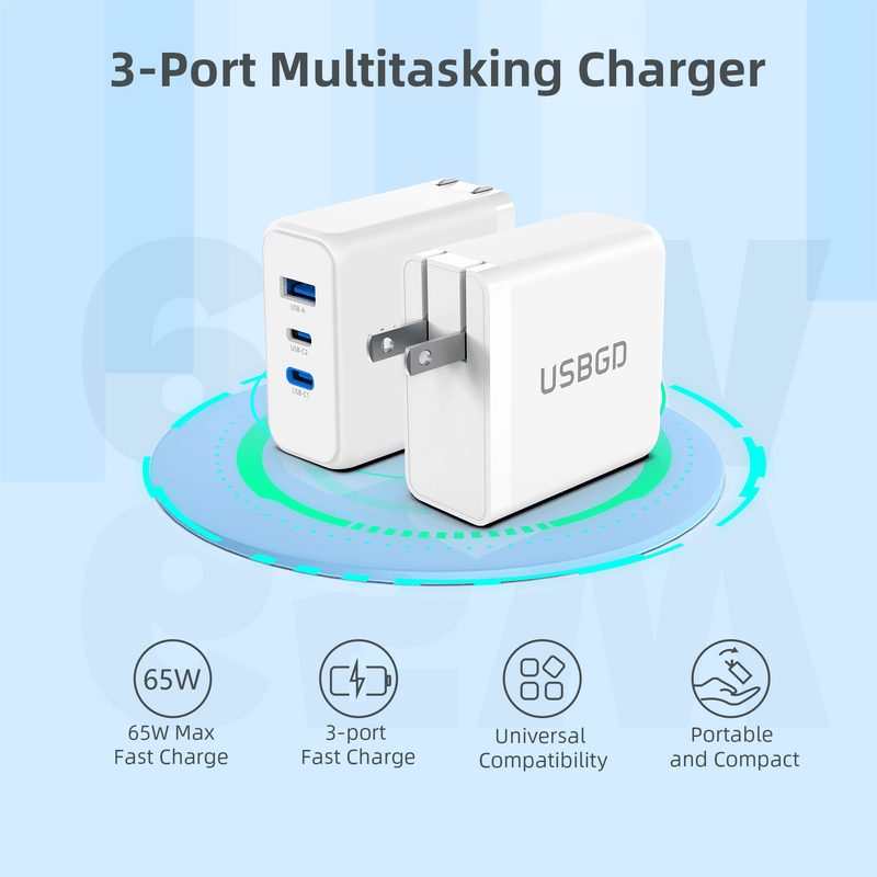 3-Port Multitasking Charger, 65W USB C Charger, Portable Compact Foldable Plug PD Fast Charger, 1 USB-A Port, and 2 USB-C Port Wall Charger