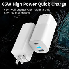 65W Wall Charger, 3 Ports Power Adapter, USB C PD Fast Charger, Foldable US Plug Travel Charger