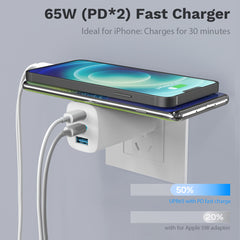 65W Wall Charger, 3 Ports Power Adapter, USB C PD Fast Charger, Foldable US Plug Travel Charger